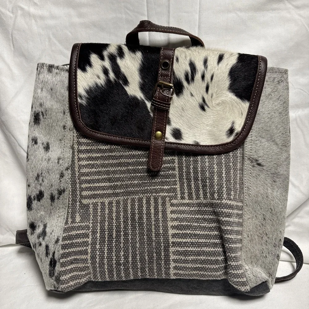 Myra Bag Leather Canvas Hair On Western-Southwest Cow Backpack NWT